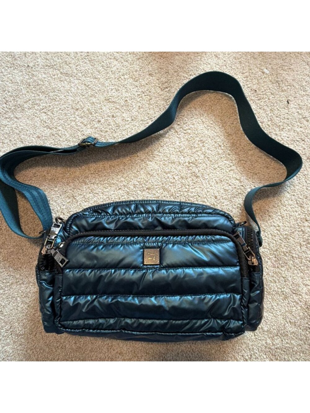 Think Royln Venus Crossbody Bag Metallic Blue Quilted Puffer Cargo Patent Purse